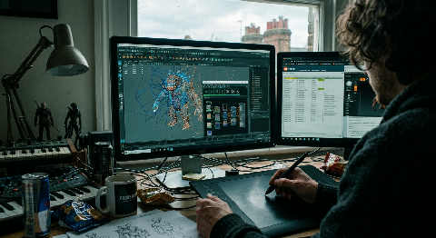 A focused artist sculpting a 3D character model on a large drawing tablet in a dimly lit, creative studio space.