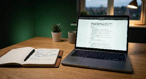 A laptop open on a clean desk with soft green ambient lighting and warm highlights in a professional, modern office.