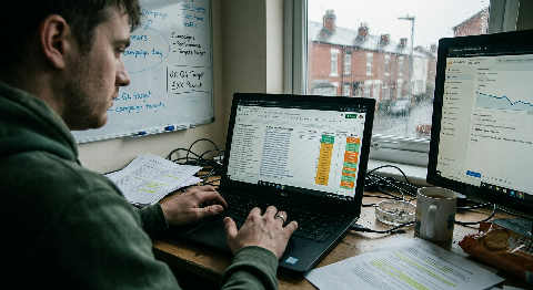 A person at a cluttered desk tracks campaign analytics on multiple monitors in a dimly lit, cozy home office.