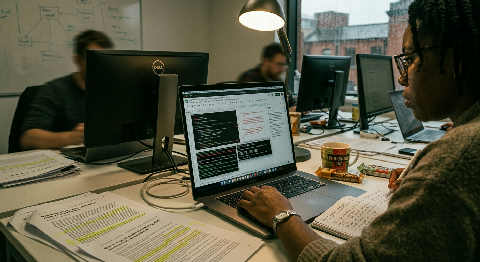An over-the-shoulder view of a consultant reviewing complex code and ethical guidelines on a monitor in a dim office.