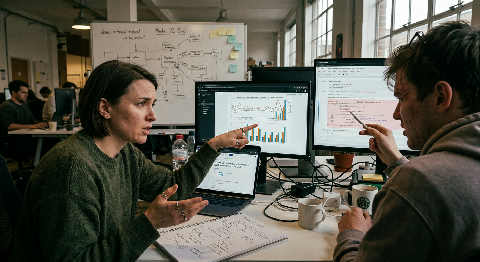 An over-the-shoulder view of a specialist reviewing complex AI model evaluation charts on a large monitor in a dim room.