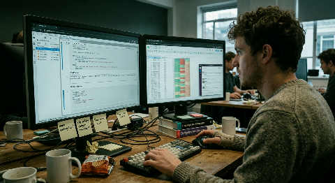 An over-the-shoulder view of a developer adjusting code and prompt strings on a glowing monitor in a dim room.
