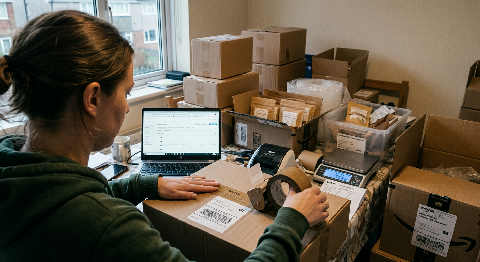 A person packages products in a cluttered home workshop, using a handheld tape dispenser on a cardboard shipping box.