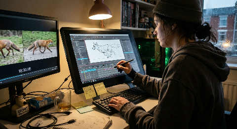 Over-the-shoulder view of an animator’s hands using a stylus on a glowing pen display to refine character movements.
