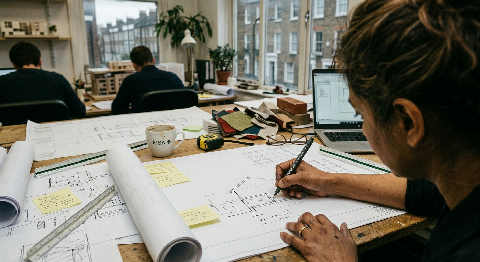 Close-up over the shoulder of an architect sketching over blueprints with a fountain pen in a dimly lit studio.