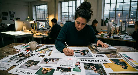 Hands adjust a vibrant mood board of fabric swatches and sketches pinned to a wall in a dimly lit, creative studio.