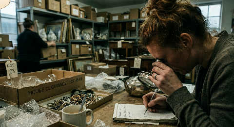A specialist in a dark green vest inspects a vintage wooden cabinet, holding a magnifying loupe to the grain.