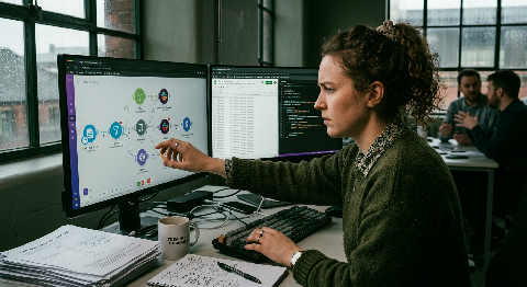 A person's hands move across a backlit mechanical keyboard while multiple monitors display complex logic flow diagrams.