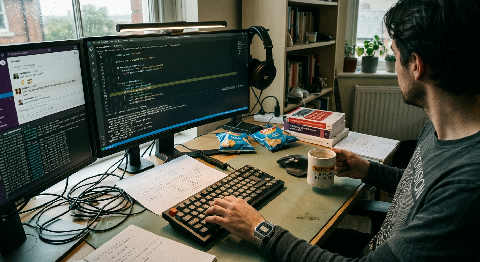 A person leans in toward flickering monitors in a dark room, focused on lines of code and glowing server diagnostic tools.