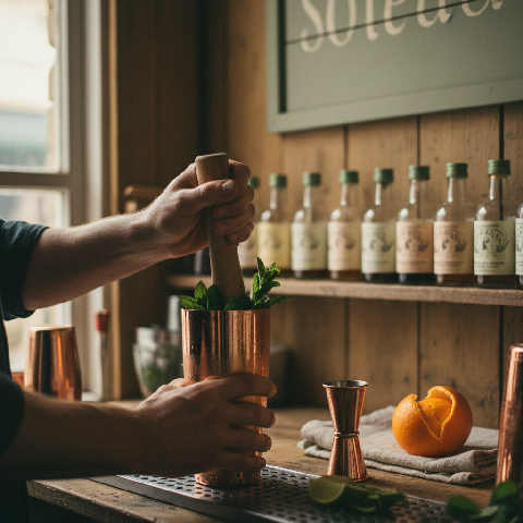 A bartender in a casual apron carefully pours a drink at a rustic wooden bar in a sunlit independent London pub.