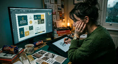 Close-up over-the-shoulder view of hands sketching brand logos in a notebook, surrounded by color swatches and art tools.