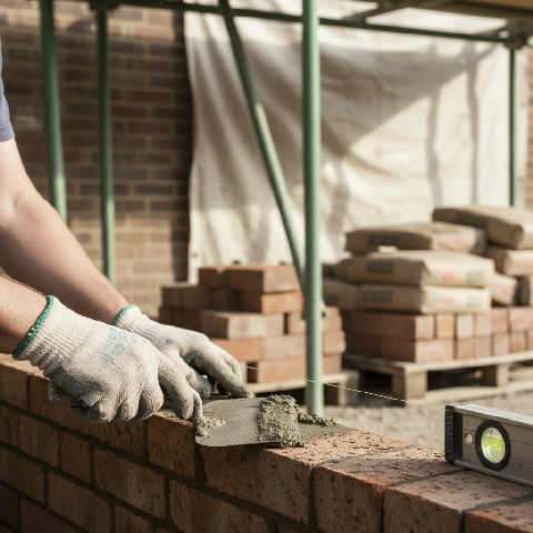 A bricklayer uses a metal trowel to apply mortar to a row of red bricks on a bright, outdoor construction site.