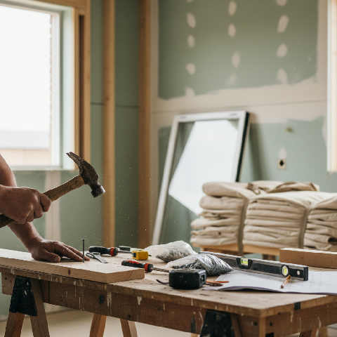 Close-up of a builder’s weathered hands using a hand saw on a piece of timber at a bright, outdoor construction site.