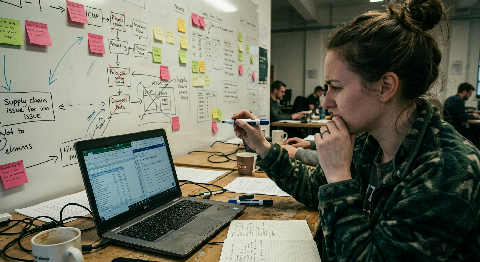 An over-the-shoulder view of a person highlighting data patterns on a physical dashboard in a dim, focused workspace.