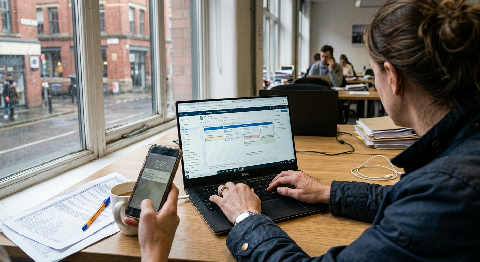 A person leans over a coffee shop table, pointing to data on a tablet while discussing a strategy with a colleague.