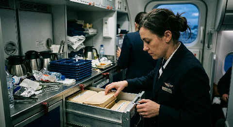 A flight attendant in a dark uniform leans over in a dim cabin to hand a glass of water to a passenger.