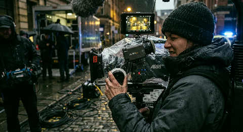 A focused operator adjusts the lens of a large cinema camera on a busy, dimly lit film set with soft green highlights.