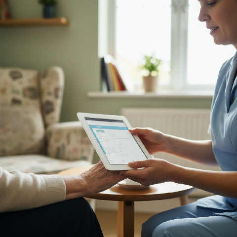 A healthcare worker in a blue uniform gently holds the hand of an elderly patient in a sunlit, comfortable room.