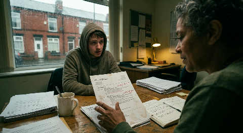 A close-up over-the-shoulder view of a coach highlighting sections of a printed CV during a focused 1-on-1 session.