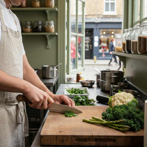 A professional chef in a high-quality white jacket prepares fresh ingredients on a rustic kitchen table workspace.