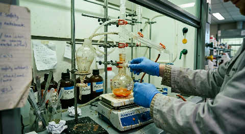 A focused scientist in a dark green lab coat carefully adjusts a glass burette during a precise titration experiment.