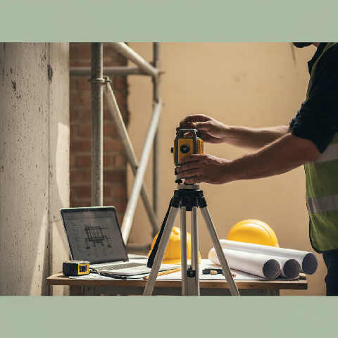 A civil engineer in a high-visibility vest reviews architectural plans on a wooden table at a sunlit UK construction site.