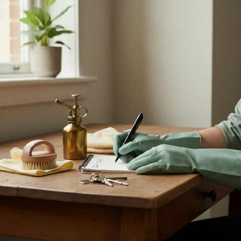A microfibre cloth sits beside a notebook and a laptop on a polished wooden desk, reflecting a tidy workspace.