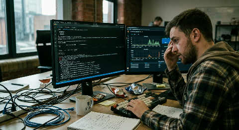 An engineer's hands typing on a mechanical keyboard in a dark room, illuminated by glowing server rack status lights.