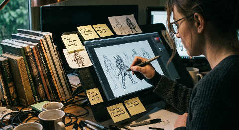 Over-the-shoulder view of an artist using a stylus on a tablet to sketch a detailed character in a dimly lit studio.