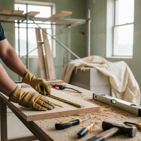 A construction worker in a high-vis vest and gloves uses a power tool on a wooden beam at a bright UK building site.