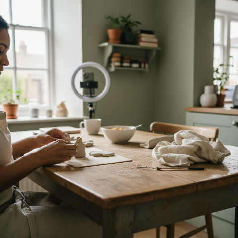 A content creator uses a camera and tripod to film a tutorial at a rustic wooden kitchen table in a sunlit home office.