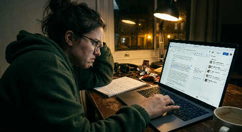 An over-the-shoulder view of a writer's hands typing on a laptop in a dimly lit, cozy room with scattered notes.