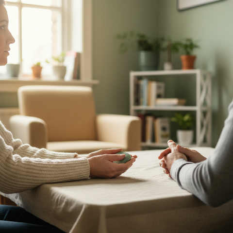 Two people sit in a sunlit room, focusing on a supportive conversation in a calm and comfortable environment.
