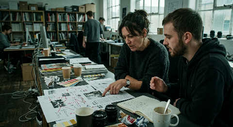 A design boss pins fabric swatches and mood board sketches to a studio wall under moody, focused spotlighting.
