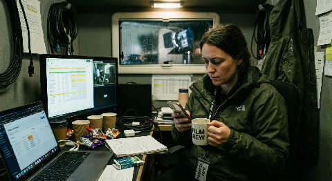 A creative producer reviews a chaotic storyboard wall covered in sketches and notes under moody, overhead studio lights.