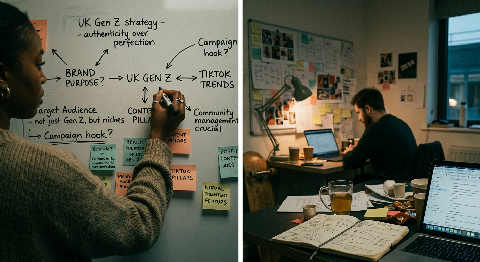 Close up over-the-shoulder view of hands arranging colorful brand mood board cards and sketches on a dark wooden table.