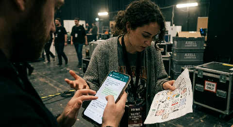 A person in a dim, backstage hallway intently looking at a mobile phone screen while holding a clipboard and headset.