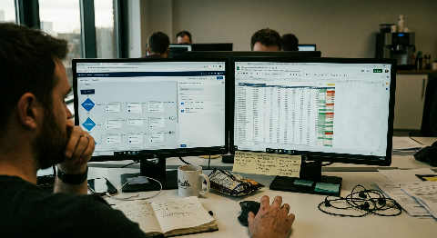 An over-the-shoulder view of a specialist analyzing data trends and automation workflows on two glowing monitors.