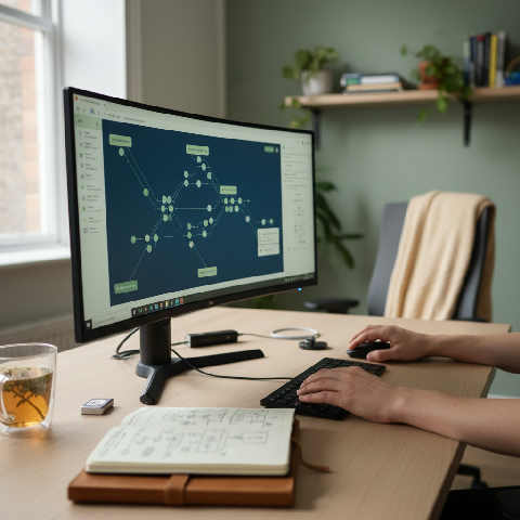 A focused professional workspace with a clean computer monitor, desk accessories, and soft daylight from a nearby window.