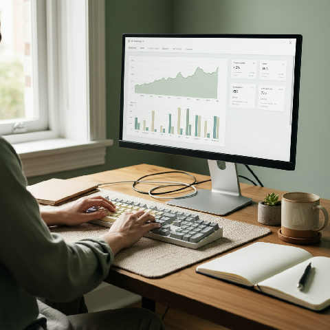 A workspace with a data dashboard on a monitor, a laptop, and a notepad on a wooden desk in soft daylight.