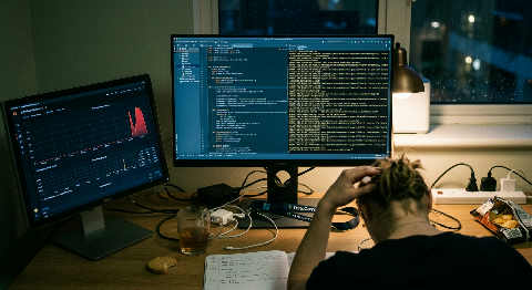 A close-up over-the-shoulder view of a data engineer monitoring complex terminal scripts on three glowing monitors.