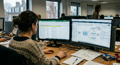A close-up over-the-shoulder view of a person reviewing complex data policy sheets and digital spreadsheets in a dimly lit room.