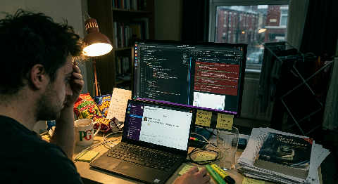 A person leans toward a dual-monitor setup in a dim room, reviewing lines of code and complex data visualizations.