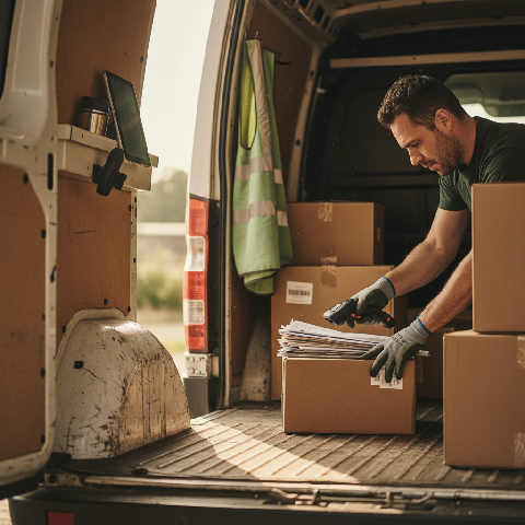 Close-up of a driver's hands holding a digital scanner and a cardboard parcel next to a white delivery van in daylight.