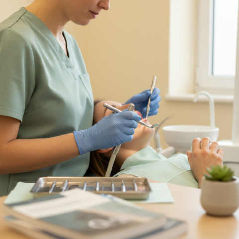 A dental nurse in blue scrubs provides gentle care to a patient in a bright, modern clinic with soft natural light.