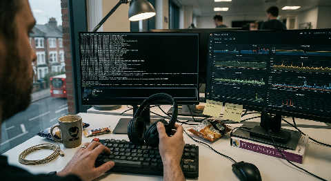 Over-the-shoulder view of an engineer monitoring complex scrolling logs and cloud infrastructure metrics in a dark room.