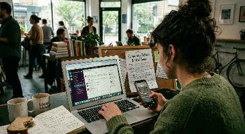 A person's hands typing on a laptop in a dimly lit cafe, surrounded by a notebook and a fading cup of coffee.