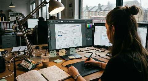 An over-the-shoulder view of a designer adjusting a complex interface layout on a large monitor in a dim, moody studio.