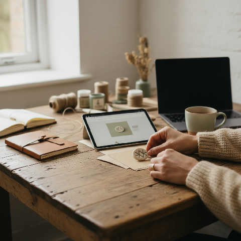 A focused professional works at a sunlit wooden table with a laptop, sketching digital designs in a bright home studio.
