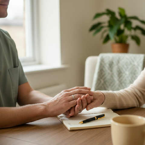 A doctor in a navy scrub top holds a patient's hand during a consultation in a bright, sunlit clinical room.